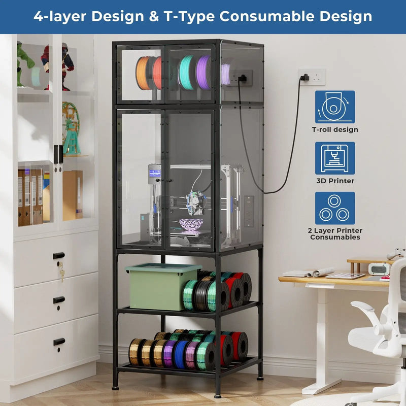 3D Printer Cabinet With Double Layer Filament Storage, T-Shaped Filament Bar, Noise Reducing And Dust Proof Design - Black by Unique Piece Furniture