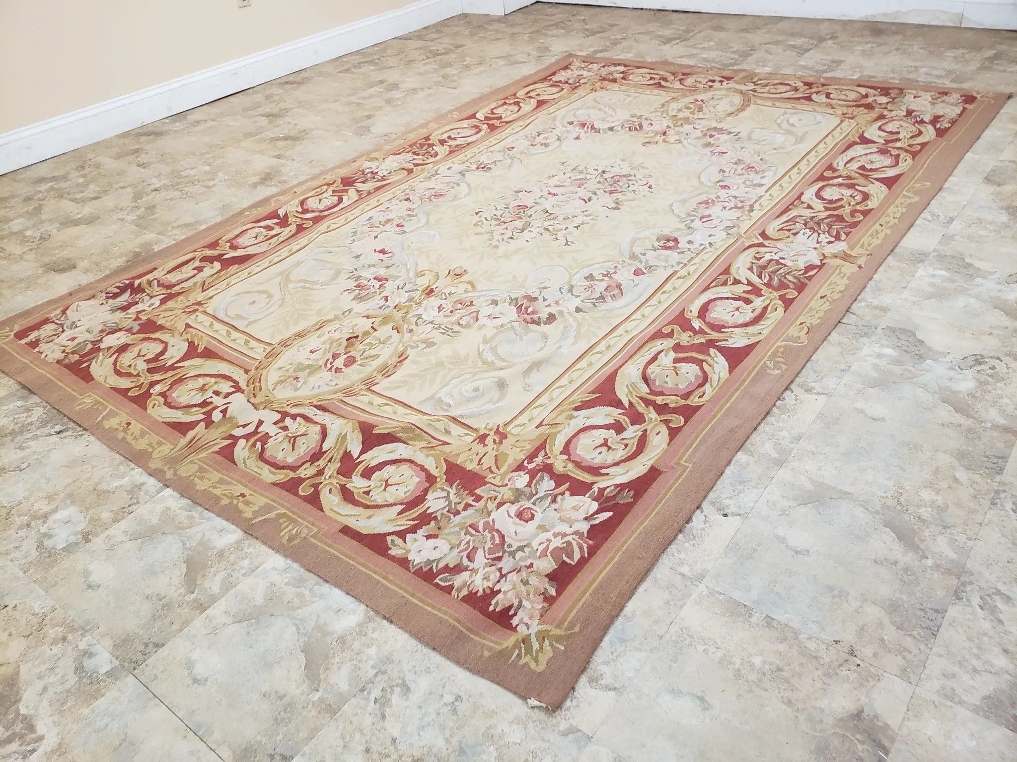Aubusson Rug 6x9, Elegant Flatweave Rug, Aubusson Savonnerie 6 x 9 Flatweave Area Rug, Cream and Red, Wool Hand Woven Carpet, Medium Size by Jewel Rugs