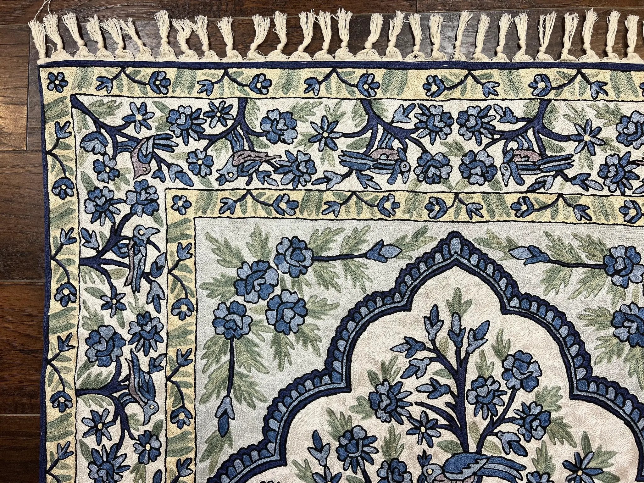 Tree of Life Indian Hand Stitched Rug 4x6, Indian Wall Hanging Rug, Ivory Blue, Silk on Cotton, Vintage by Jewel Rugs