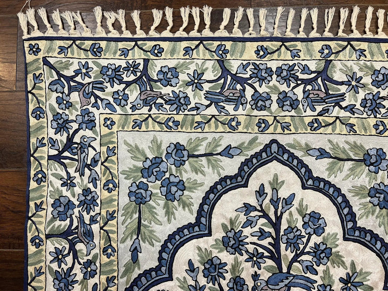 Tree of Life Indian Hand Stitched Rug 4x6, Indian Wall Hanging Rug, Ivory Blue, Silk on Cotton, Vintage by Jewel Rugs