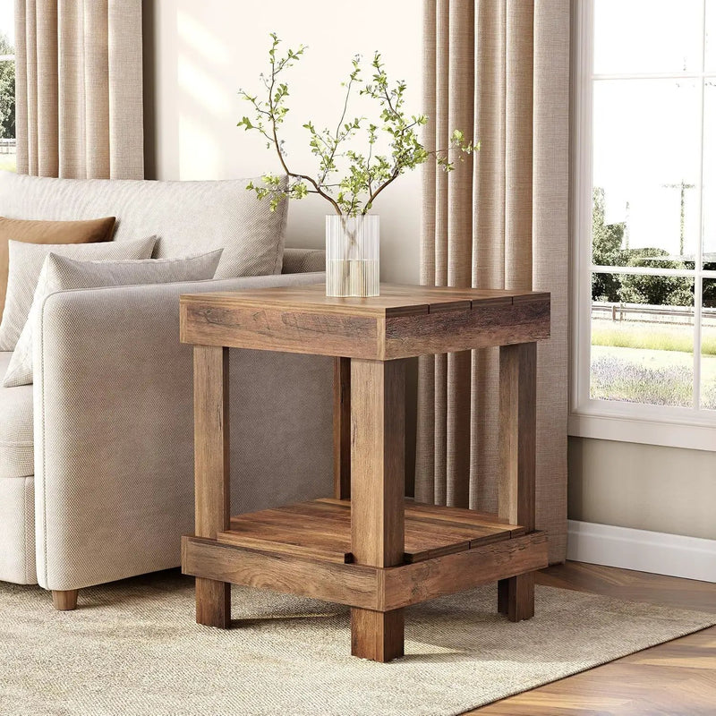 2 Tier End Table With Open Shelves, Natural Wood by HouseOfZazla