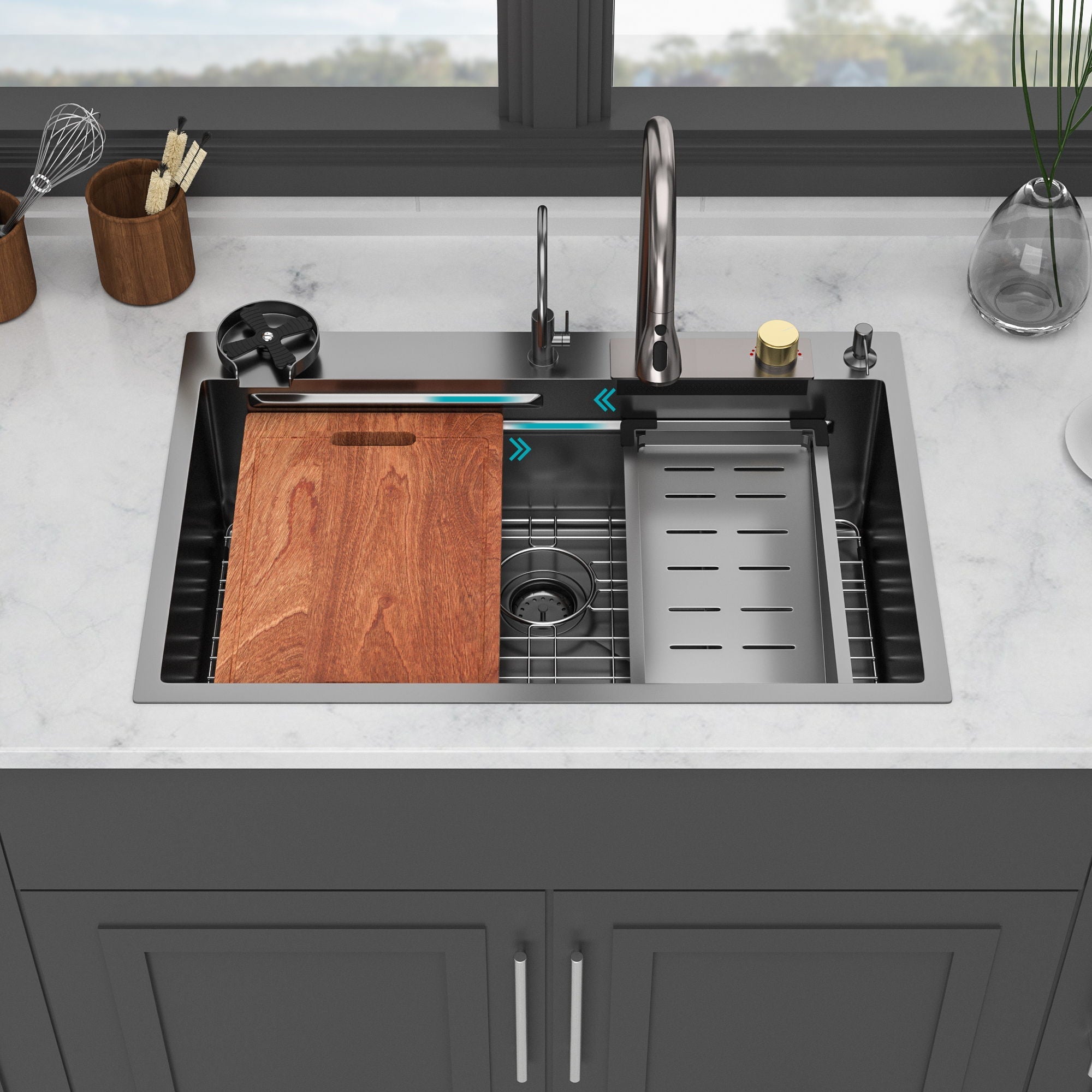 Waterfall Kitchen Sink With Pull Out Faucet & Cup Washer by HouseOfZazla