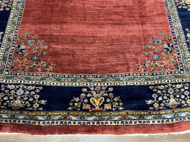 Large Persian Sarouk Rug 10x17, Open Field, Red and Navy Blue, Palace Sized Oversized Hand Knotted Wool Oriental Carpet Flowers Vases Antique 1920s by Jewel Rugs