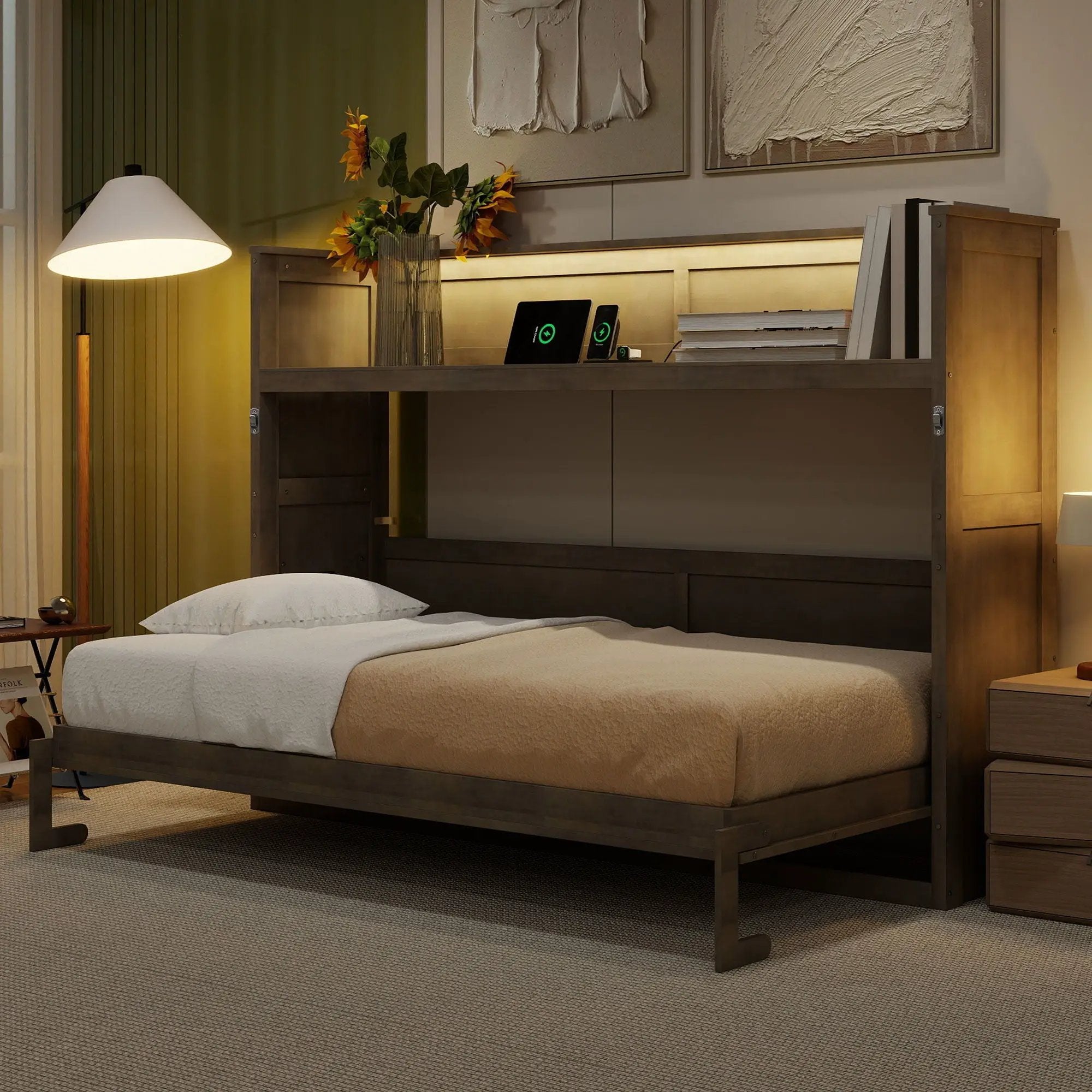 Murphy Bed With Desk, LED Light And USB Charging Station by HouseOfZazla