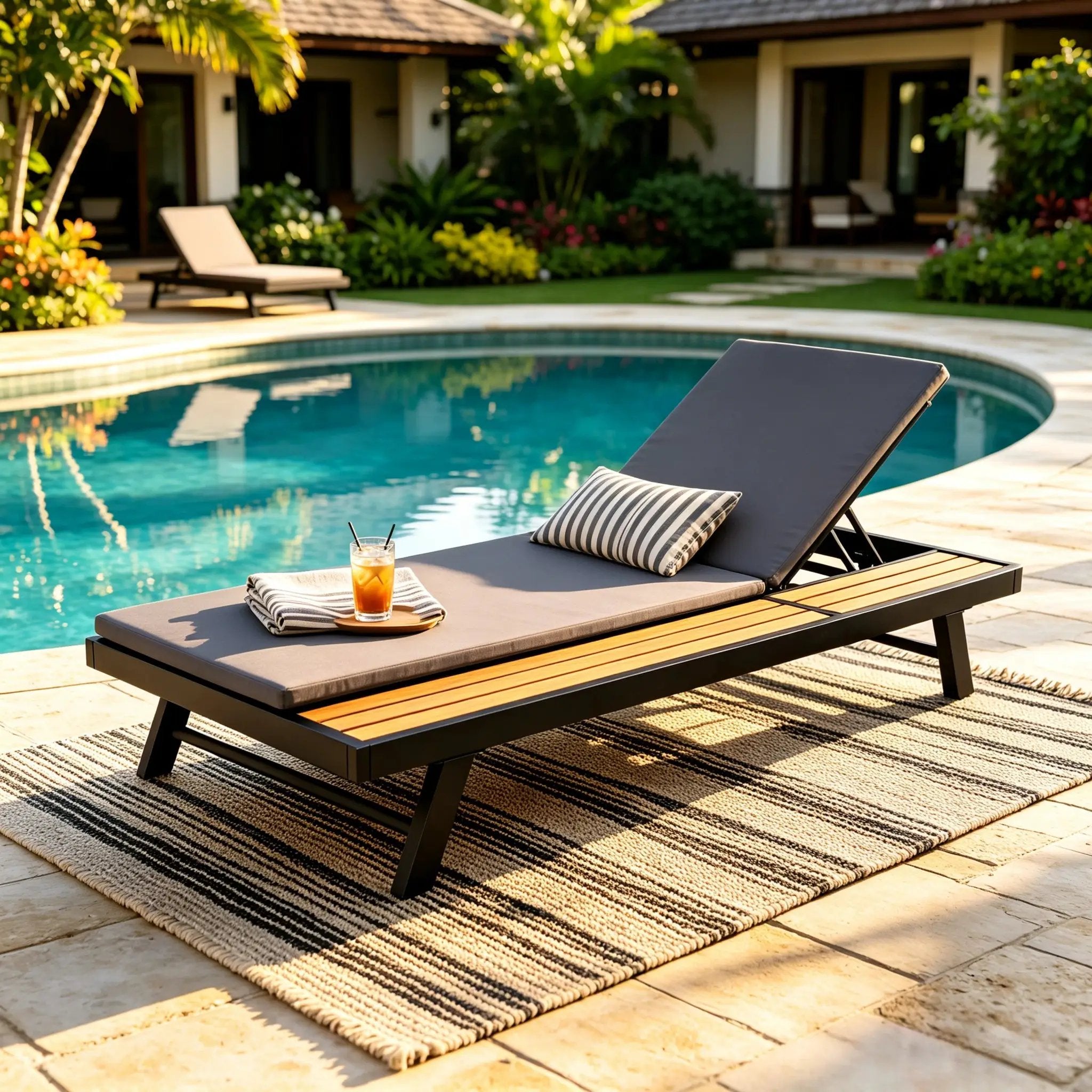 Black Iron + Teak Finish Outdoor Chaise Lounge Set by HouseOfZazla