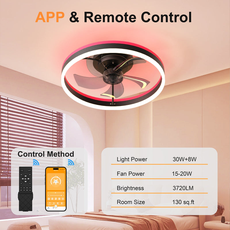 19.7" RGB Flush Mount Ceiling Fan with Light for Bedroom by HouseOfZazla