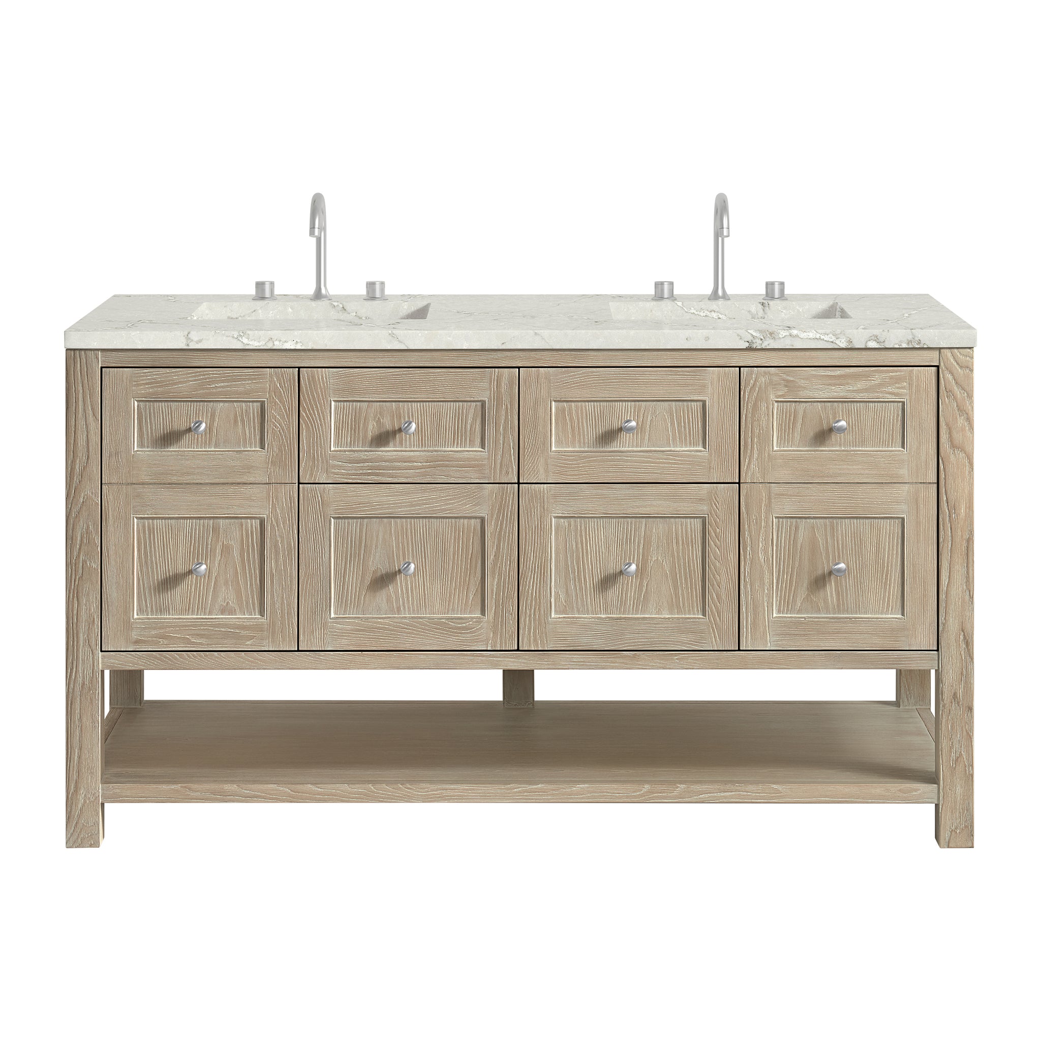 James Martin Breckenridge 60" Double Bathroom Vanity, Whitewashed Oak with Victorian Silver (FreePower) countertop