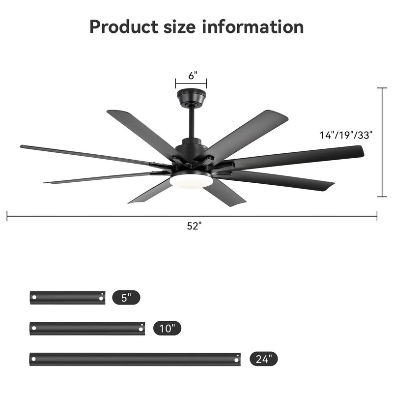 Smart Ceiling Fan With 8 Blades, Voice Remote Control, 6 Wind Speeds, Reversible DC Motor, 3 Color Lighting - Black by HouseOfZazla