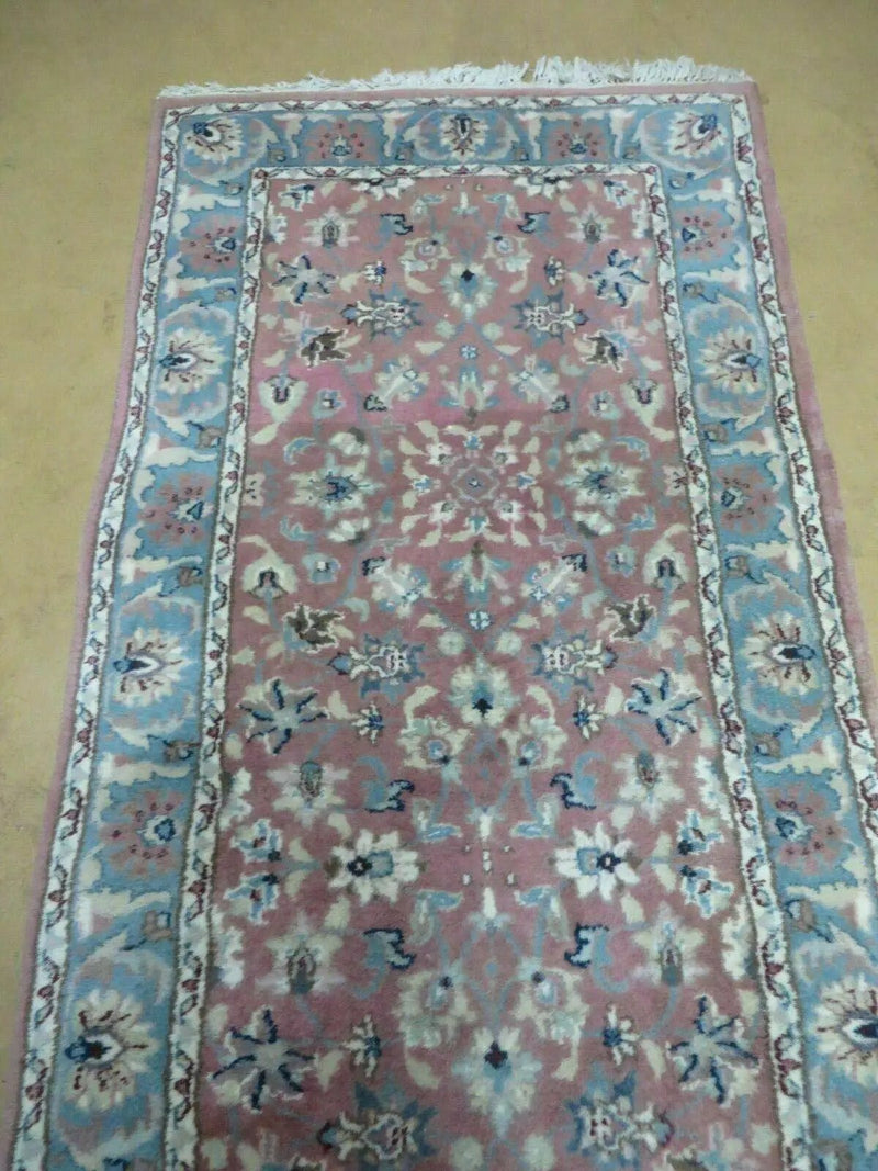 Indo Persian Runner Rug 2.8 x 12, Wool Hand Knotted, Pink and Light Blue by Jewel Rugs