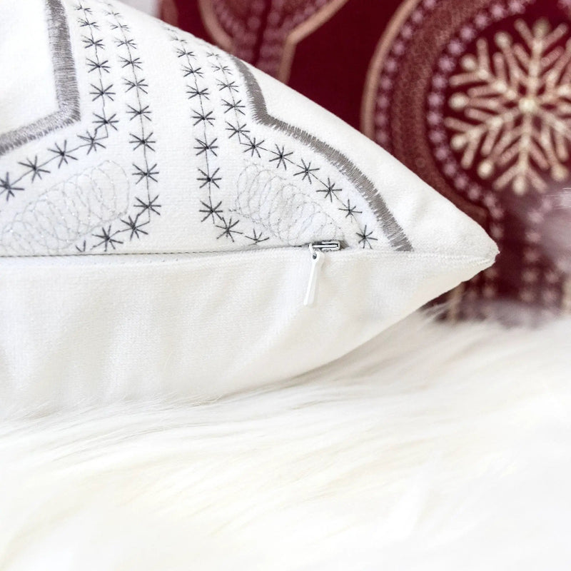 White Holiday Embroidered Velvet Throw Pillow with Insert 20x20 Set of 2 by HouseOfZazla