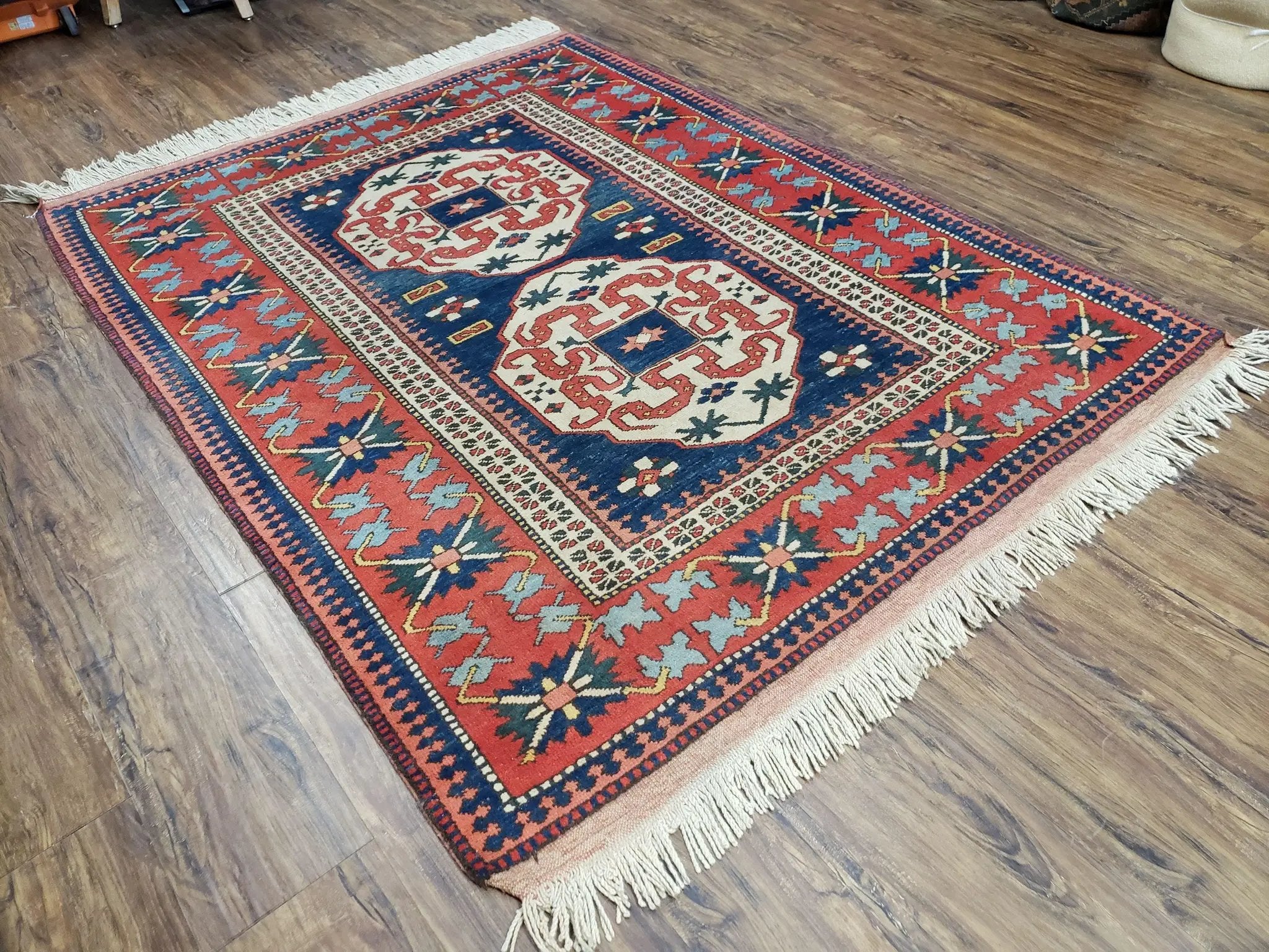 Turkish Kazak Rug 5x6 Vintage Handmade Wool Carpet Geometric Blue Red by Jewel Rugs