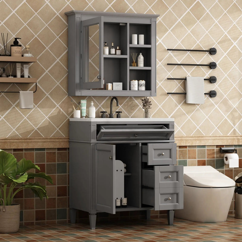 Bathroom Vanity With Top Sink, Freestanding Storage Cabinet With 2 Doors And 3 Drawers, Mirror Cabinet Included - Gray by Unique Piece Furniture