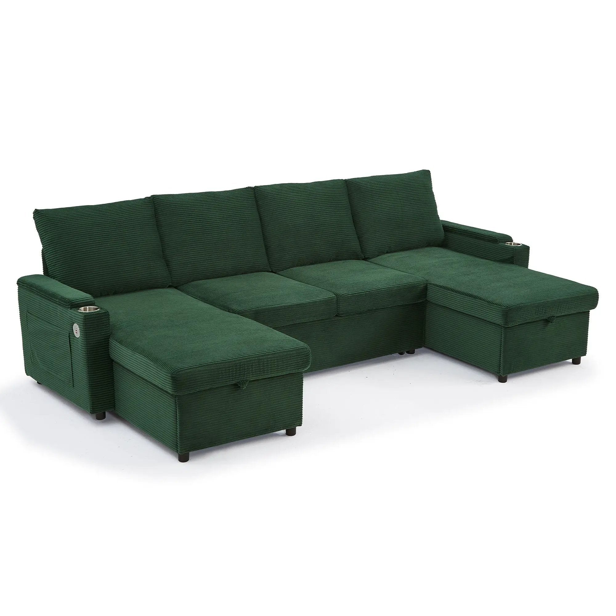 U Shaped Sectional Sofa Bed With Storage Chaise Lounges, USB Ports, And Cup Holders by HouseOfZazla