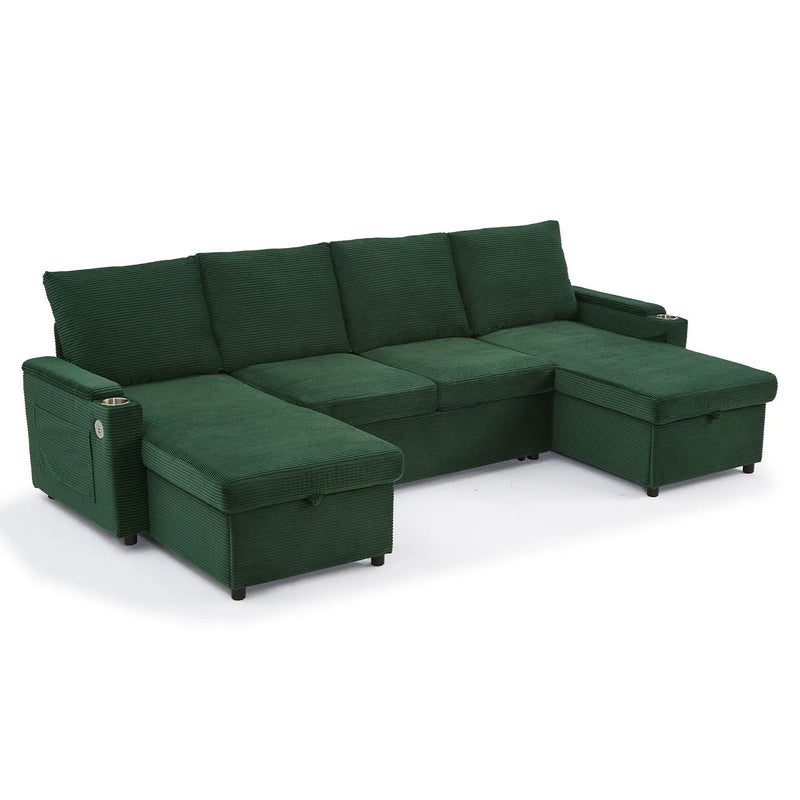 U Shaped Sectional Sofa Bed With Storage Chaise Lounges, USB Ports, And Cup Holders by HouseOfZazla