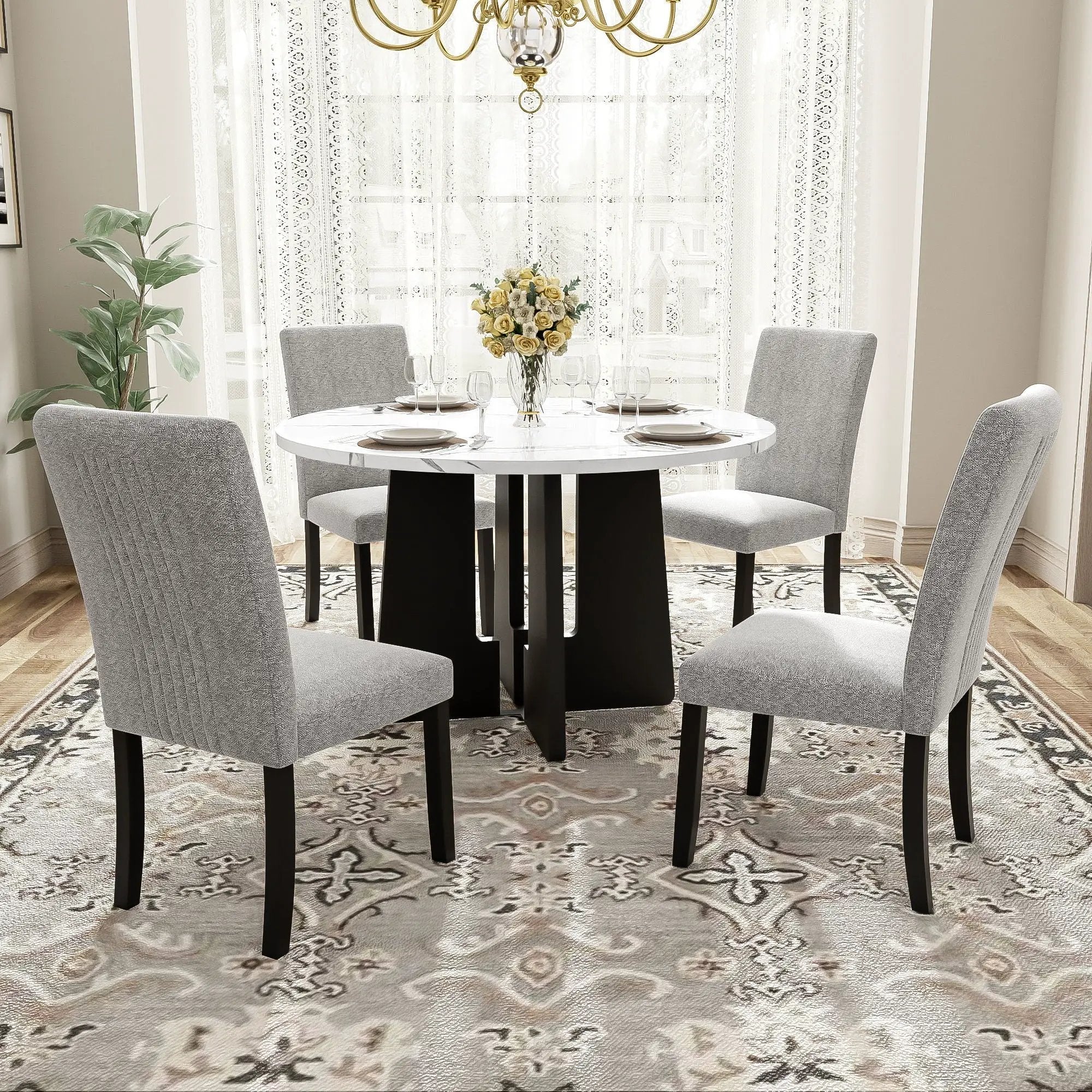5 Piece Round Dining Table Set, Dining Table And 4 Upholstered Chairs For Dining Room, Kitchen Room, Living Room - White / Gray by Unique Piece Furniture