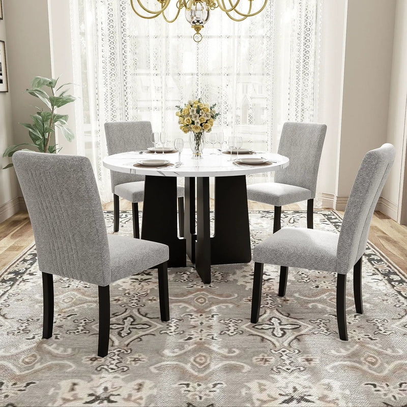5 Piece Round Dining Table Set, Dining Table And 4 Upholstered Chairs For Dining Room, Kitchen Room, Living Room - White / Gray by Unique Piece Furniture