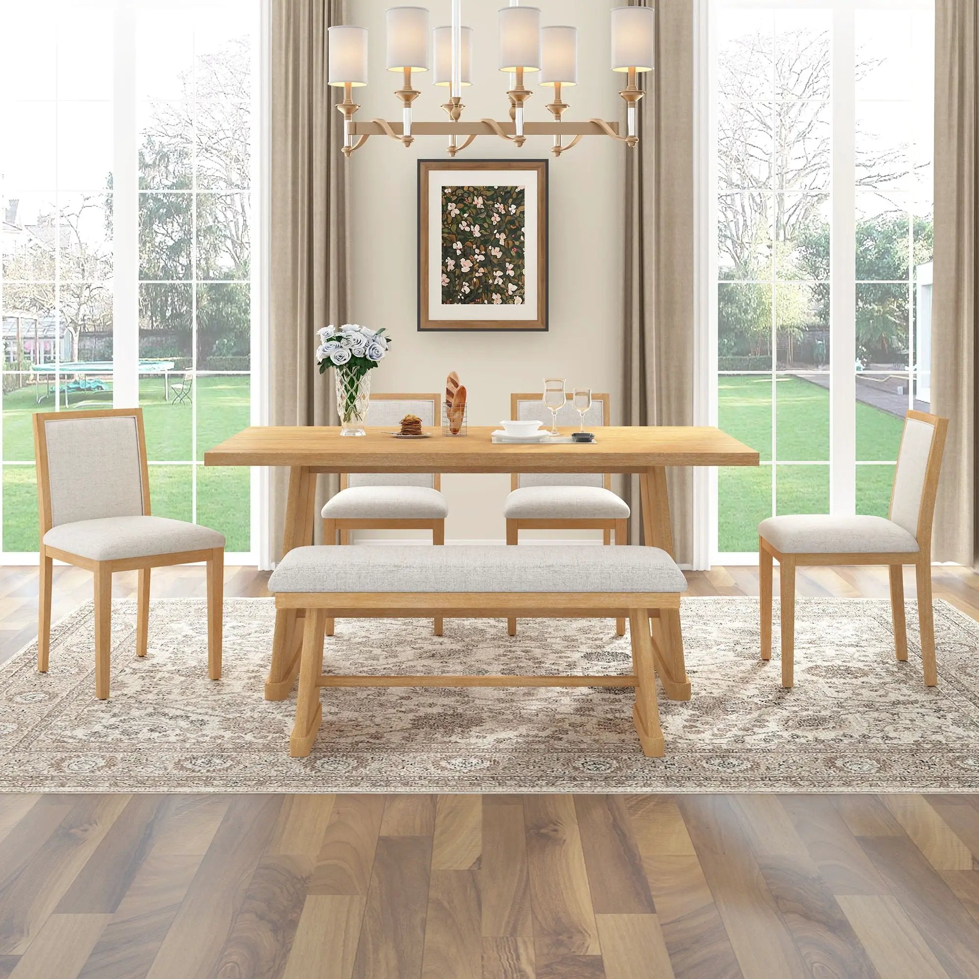 Dining Set With Rectangular Table, 4 Upholstered Chairs & 1 Padded Bench by HouseOfZazla