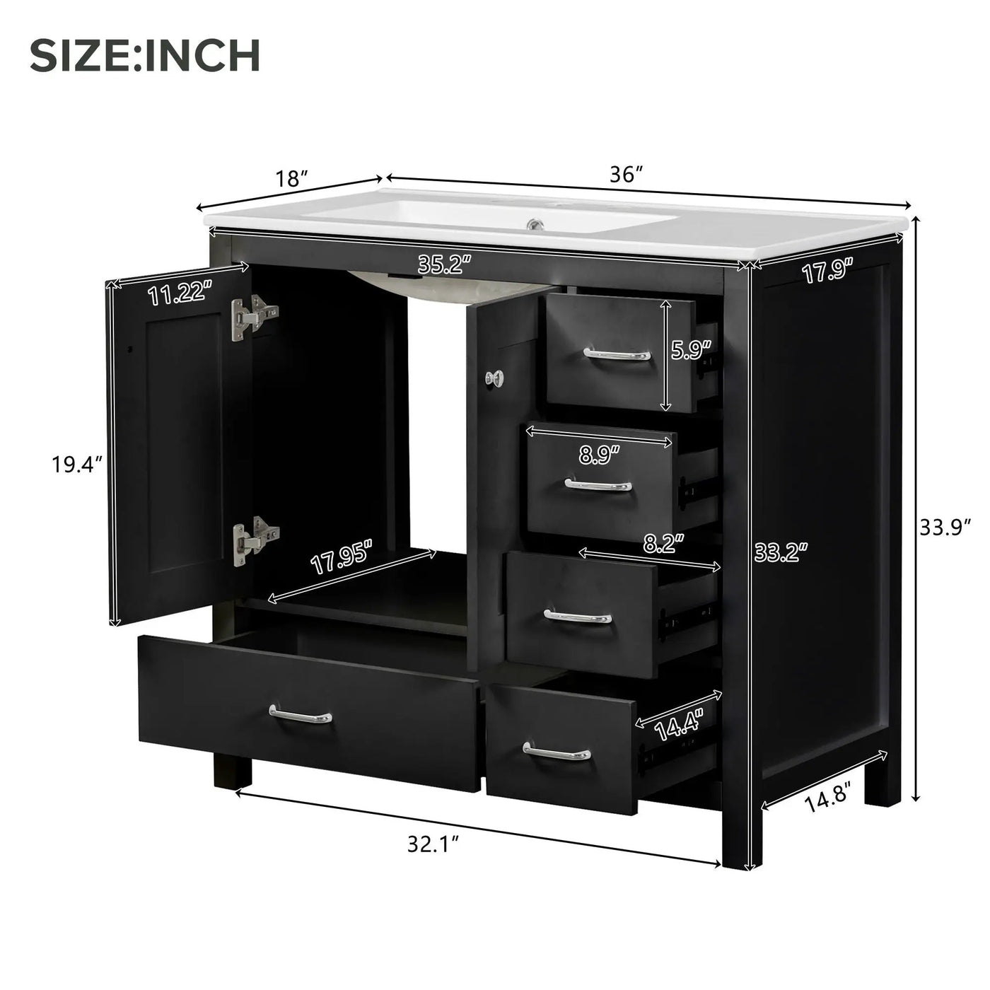 Bathroom Vanity With Ceramic Sink Combo, Abundant Storage Cabinet 2 Soft Close Doors And 5 Drawers by Unique Piece Furniture
