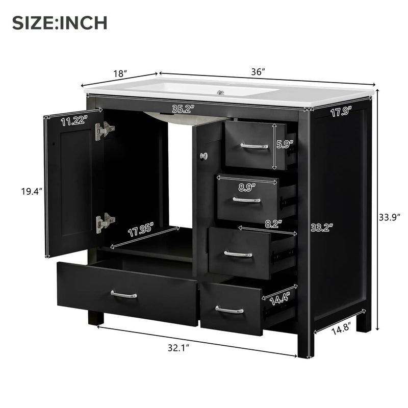 Bathroom Vanity With Ceramic Sink Combo, Abundant Storage Cabinet 2 Soft Close Doors And 5 Drawers by Unique Piece Furniture
