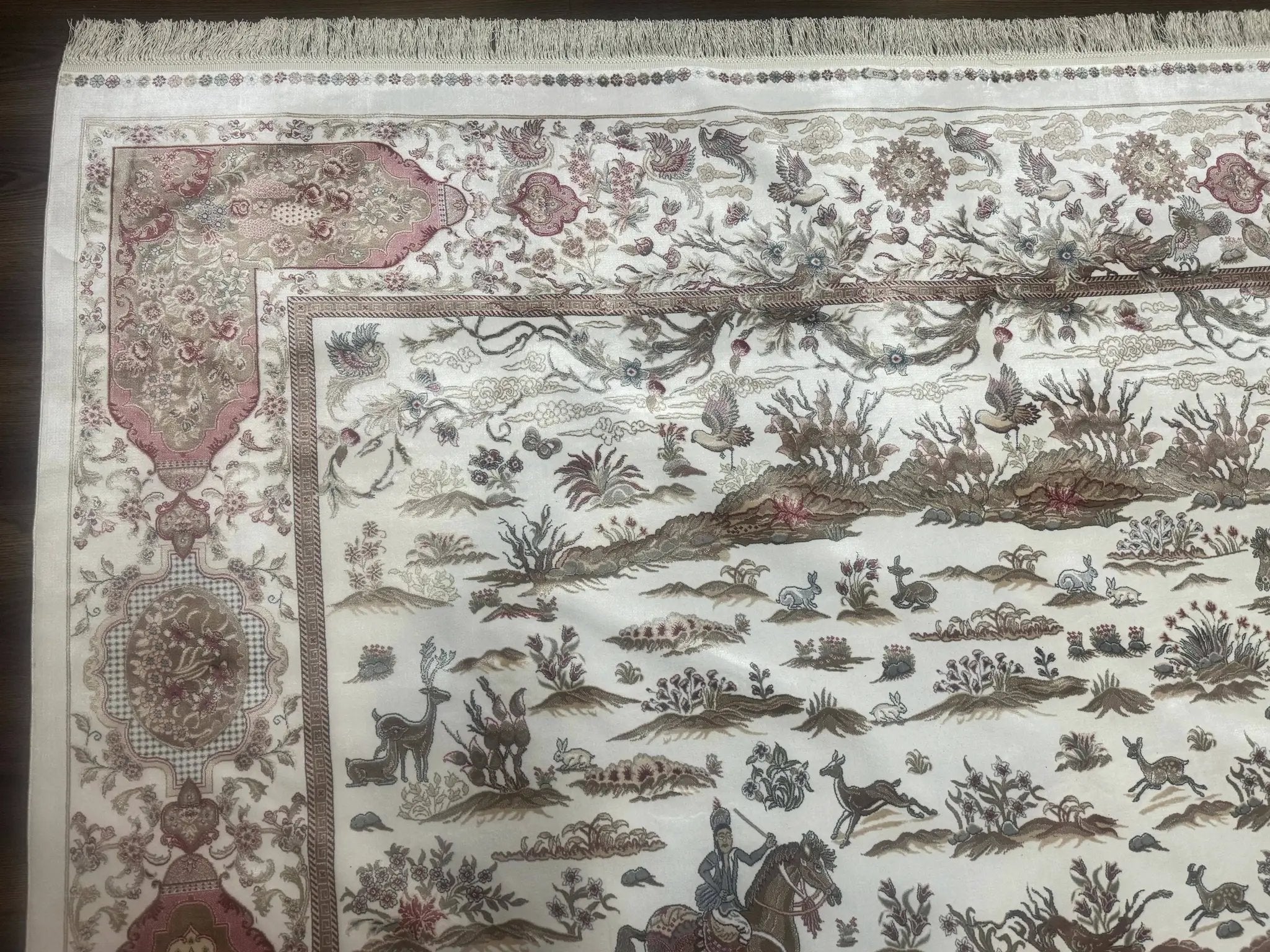 Large Turkish Silk Rug 8x10, Ivory, Hunting Design, Bamboo Silk, New by Jewel Rugs