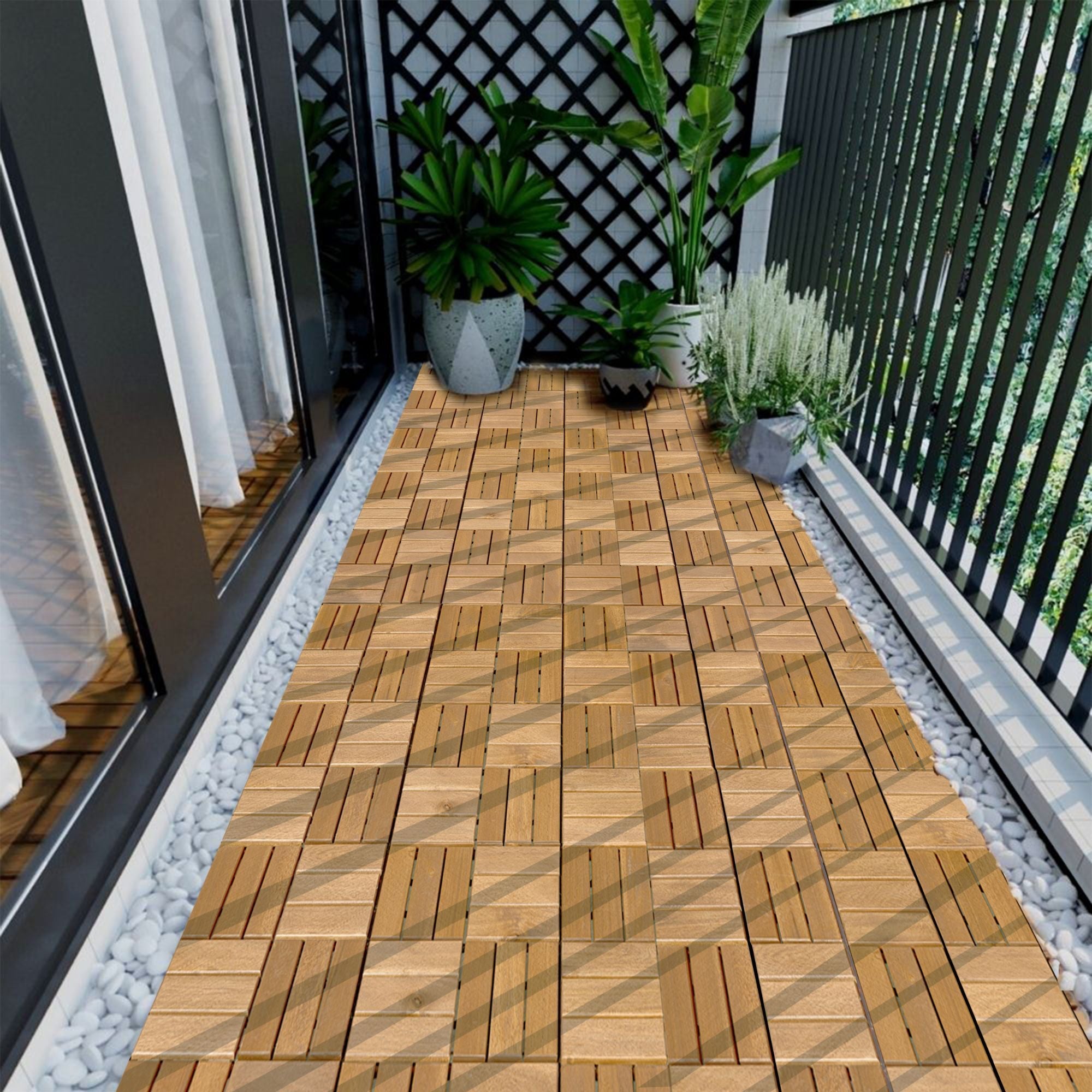 Interlocking Deck Tiles Checker Pattern, Square Acacia Hardwood Outdoor Flooring For Patio, Bancony, Pool Side by HouseOfZazla