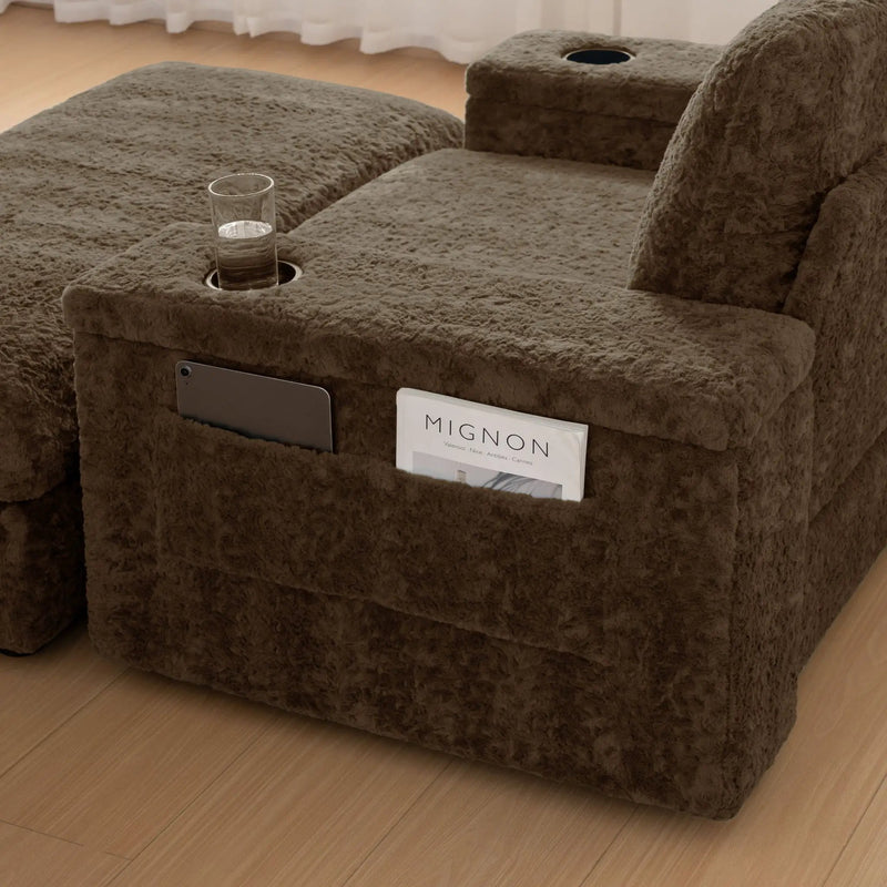 Oversized Chaise Lounge Indoor Rabbit Fur Sofa Bed With Storage Ottoman And Armrests Cup Holders With Deep Seat by HouseOfZazla