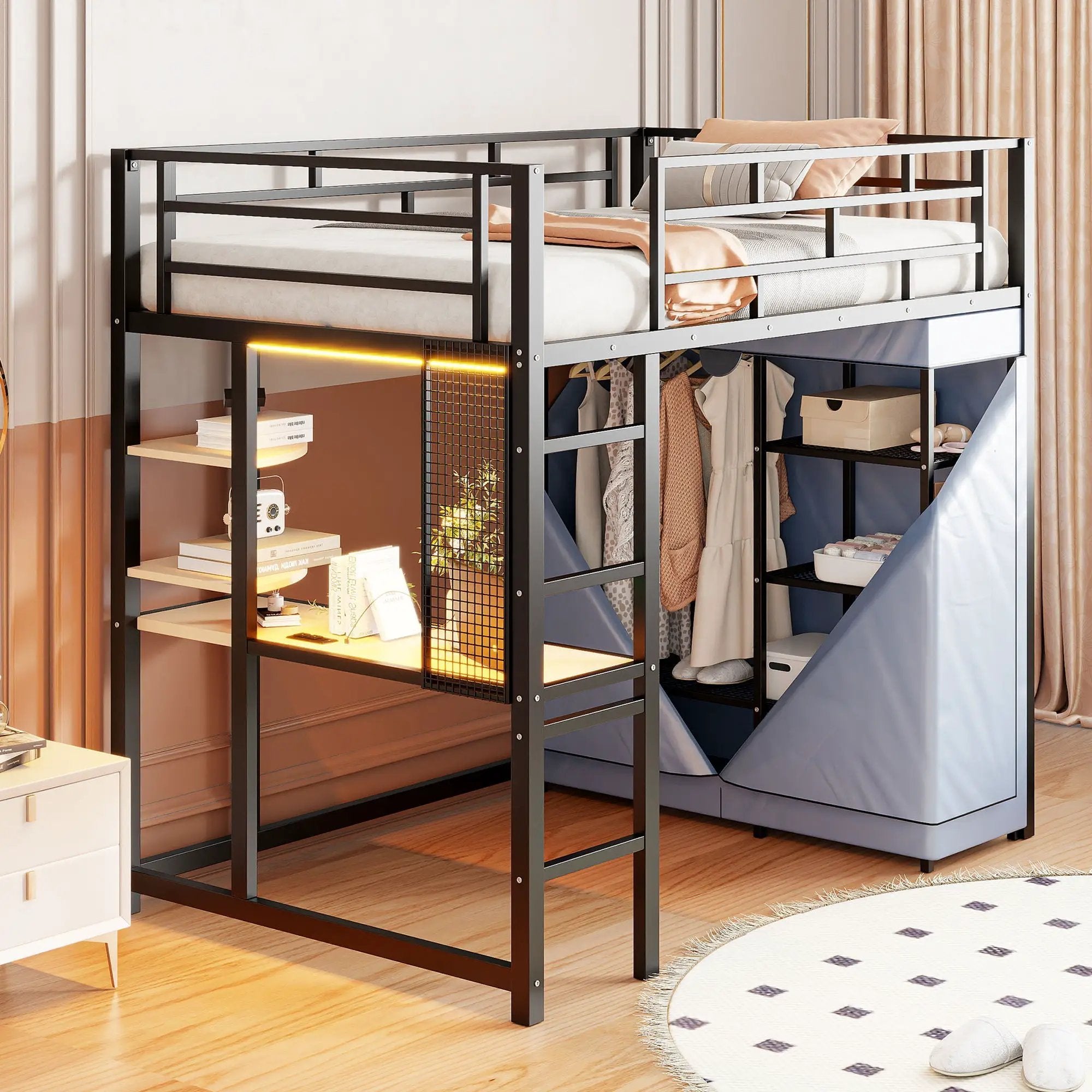 Loft Bed With Desk, Shelves, Power Outlet, LED Light And Wardrobe by Unique Piece Furniture