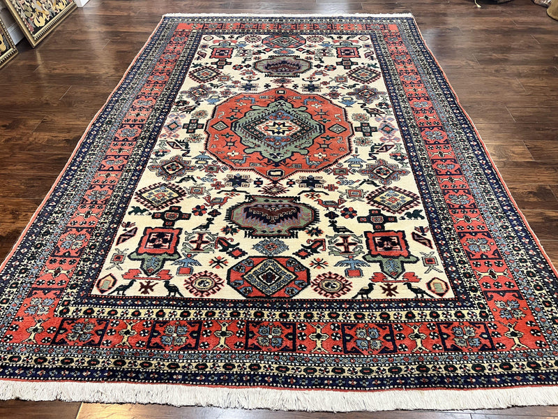 Persian Tribal Rug 8x11, Persian Ardabil Rug, Geometric Medallion Animal Pictorial Rug, Ivory Red Blue, Hand Knotted Vintage Wool Carpet by Jewel Rugs
