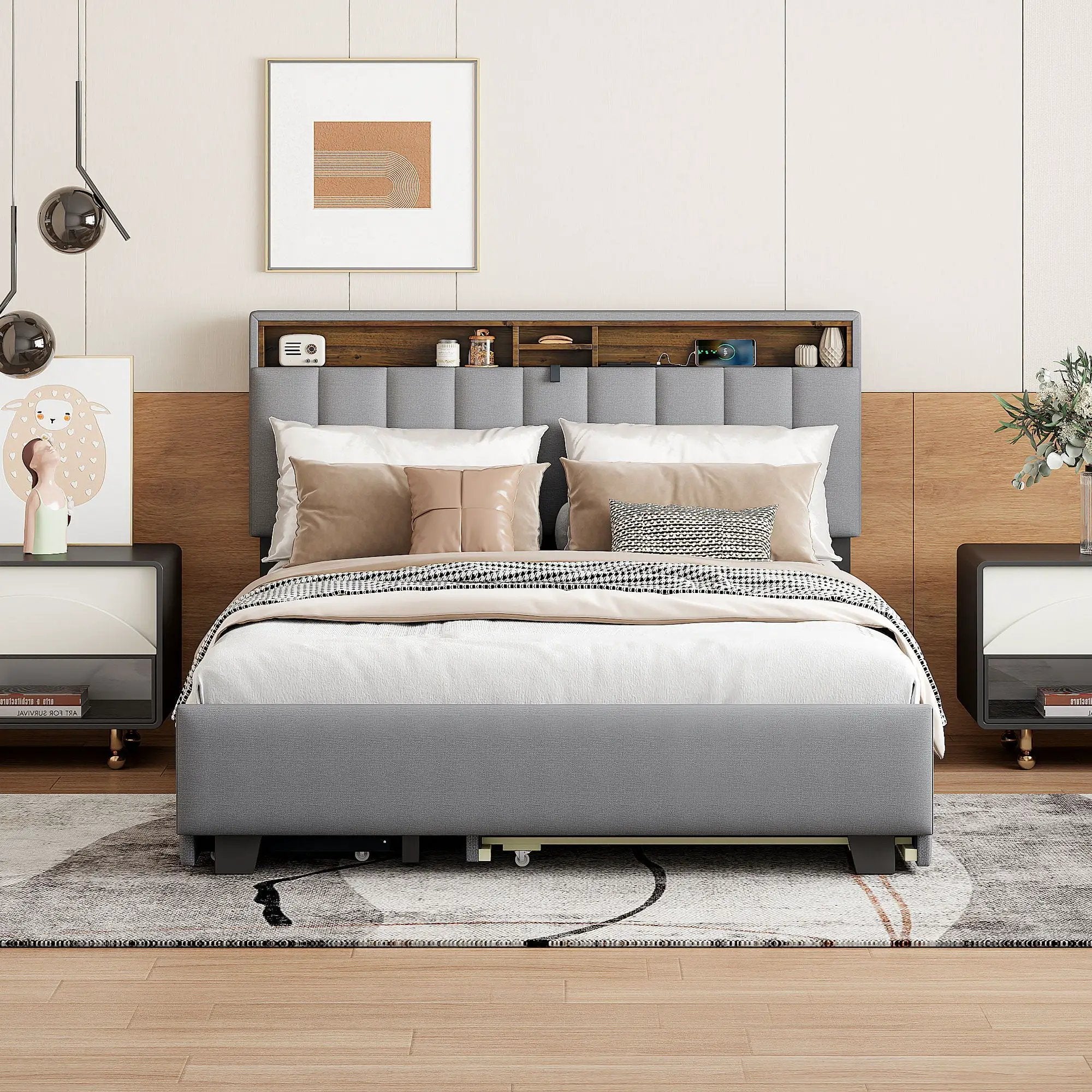 Upholstered Platform Bed With Storage Headboard, Trundle & 2 Drawers And A Set Of Sockets & USB Ports by HouseOfZazla