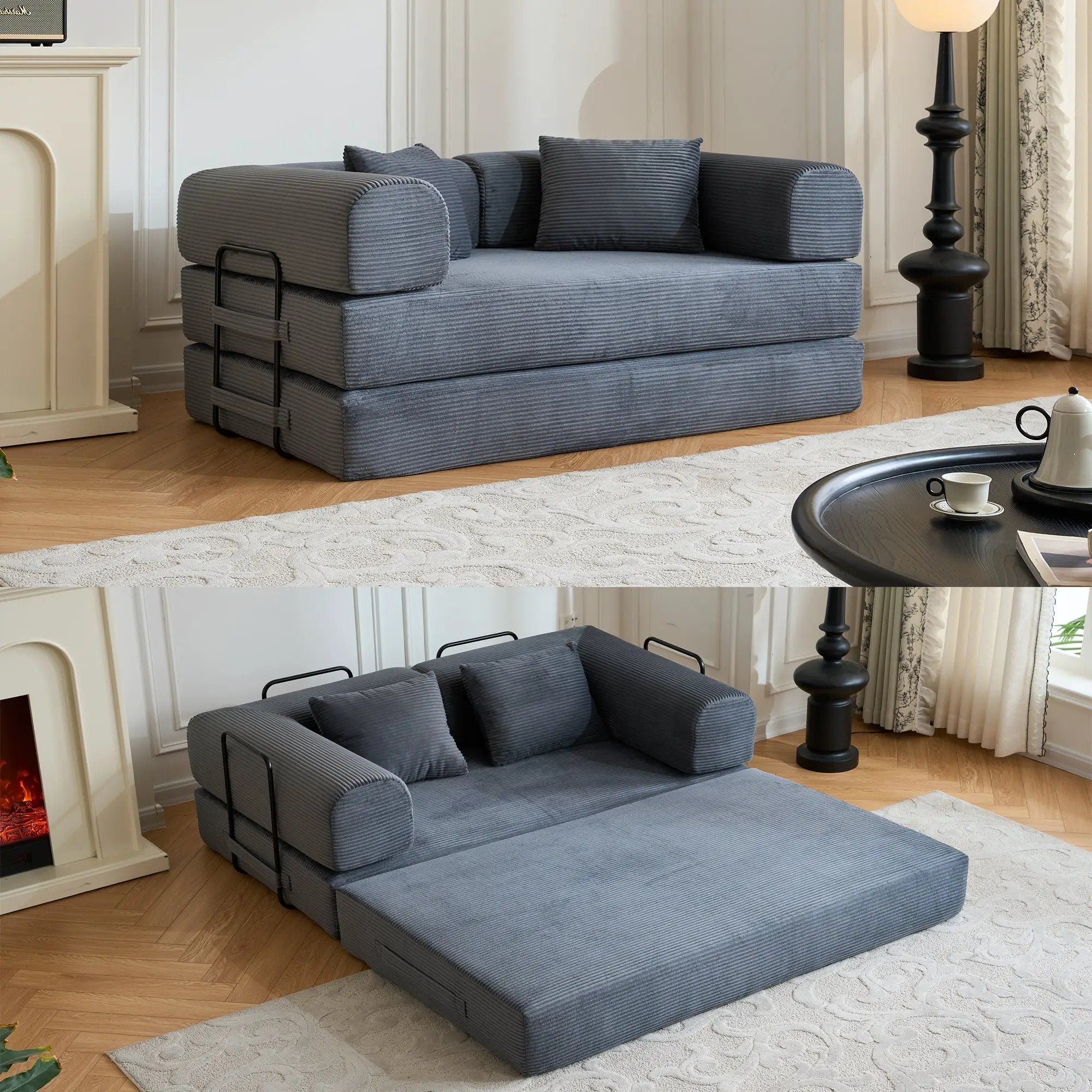 59" Convertible Sleeper Sofa Bed with Cylindrical Pillow - Gray by HouseOfZazla