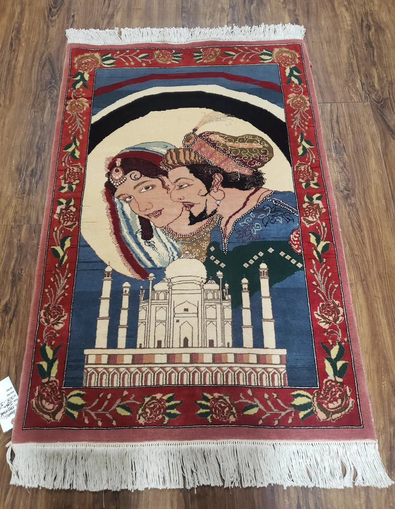 Vintage Small Pictorial Lovers Rug 2.5 x 4, Taj Mahal Indo Persian Rug, Wool Hand-Knotted Indian Rug, King & Queen, Layla and Majnun by Jewel Rugs