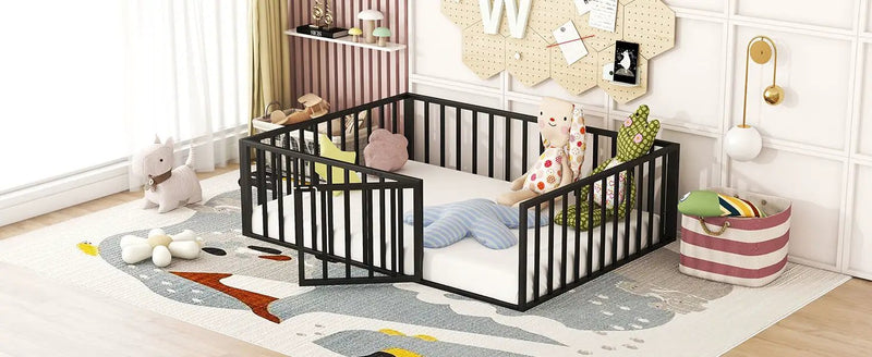 Metal Floor Bed Frame With Fence And Door by HouseOfZazla