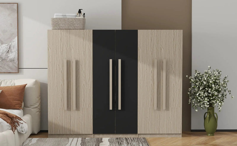 6 Doors Wardrobe Storage For Bedroom, With 2 Drawers Inside - Black / Nature by HouseOfZazla