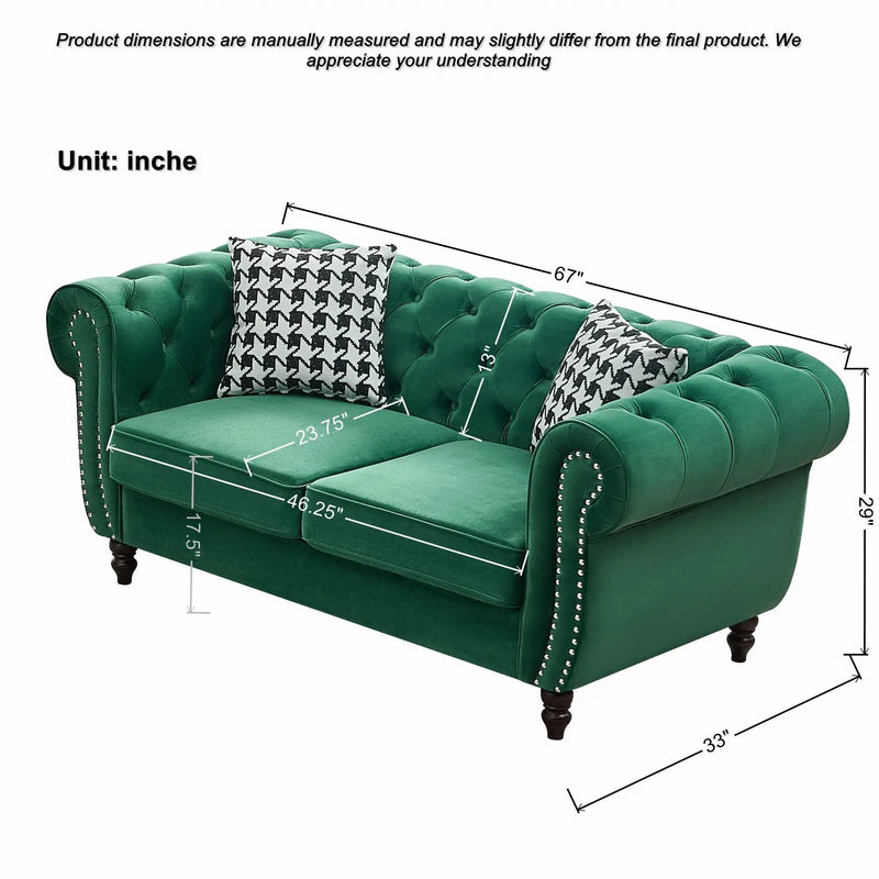 Chesterfield Fabric Sofa With Roll Armrest And Nailhead, Mid Century 2 Seater Couch by HouseOfZazla