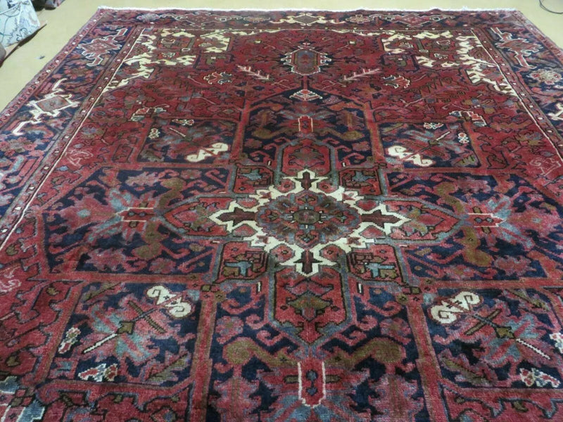 Persian Rug 8x11 Room Sized Heriz Carpet, Hand Knotted Wool Rug, Vintage Semi Antique, Geometric Medallion, Wine Red Cream Dark Blue, Wow by Jewel Rugs