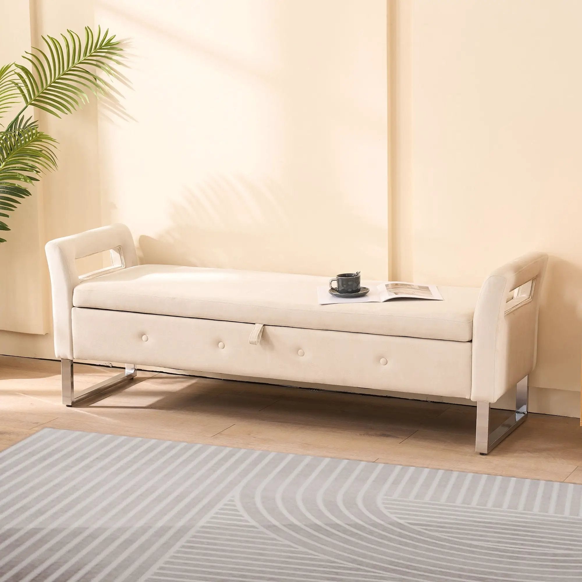 Wide Storage Soft Ottoman Bench With Armrests by HouseOfZazla