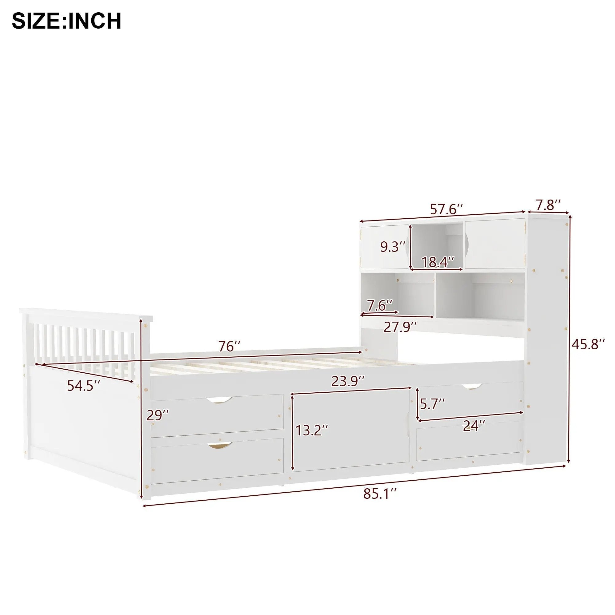 Captain Platform Bed Frame With Bookcase Headboard, 4 Drawers, Storage Shelves by Unique Piece Furniture