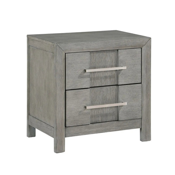 Modern 2 Drawer Nightstand In Gray Finish With Silver Metal Handles, Contemporary Bedside Table With Smooth Glide Drawers