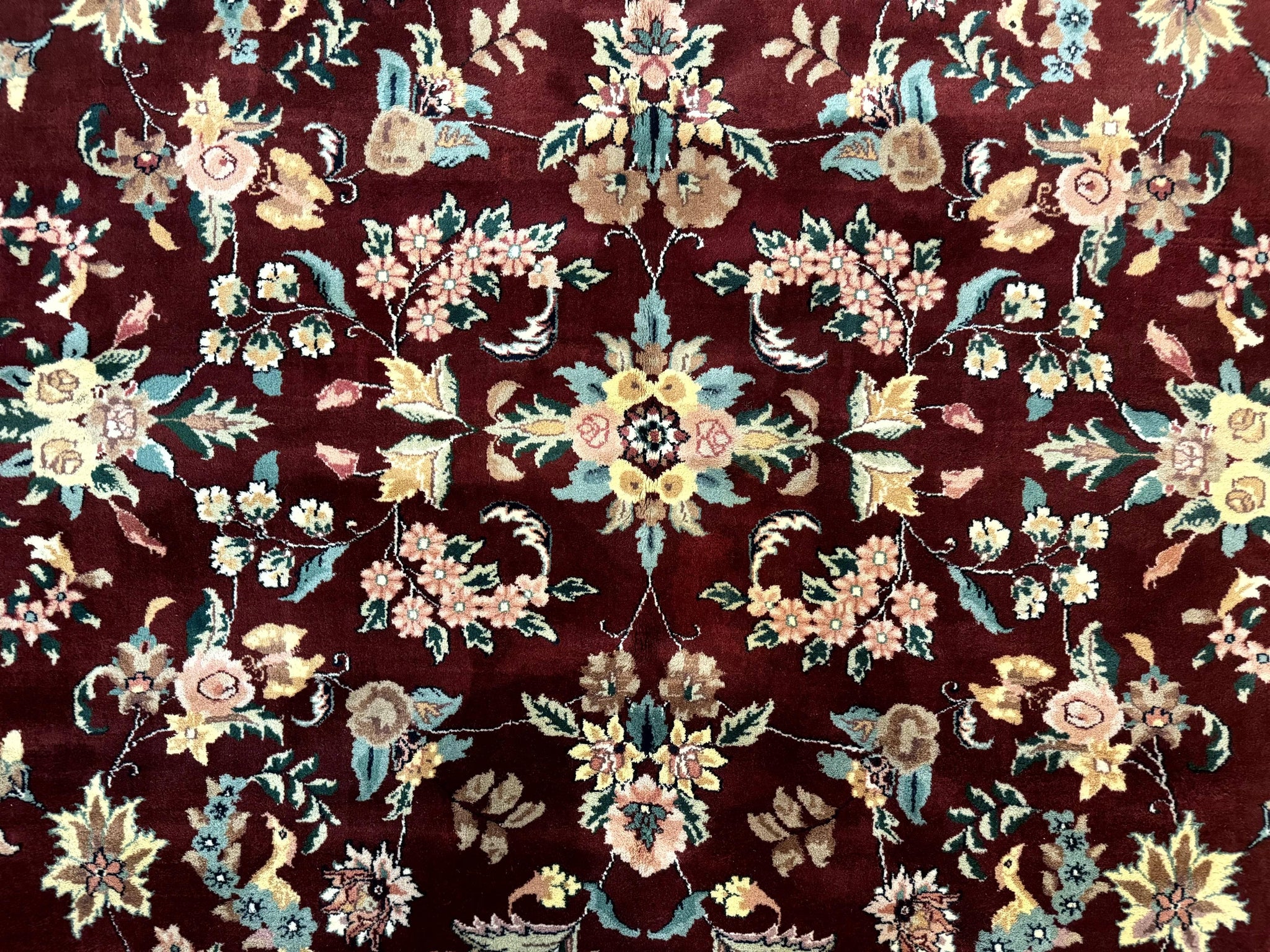 Indo Persian Rug 8x10, Floral Allover with Bird Pictorials, Maroon and Navy Blue, Handmade Wool Area Rug by Jewel Rugs