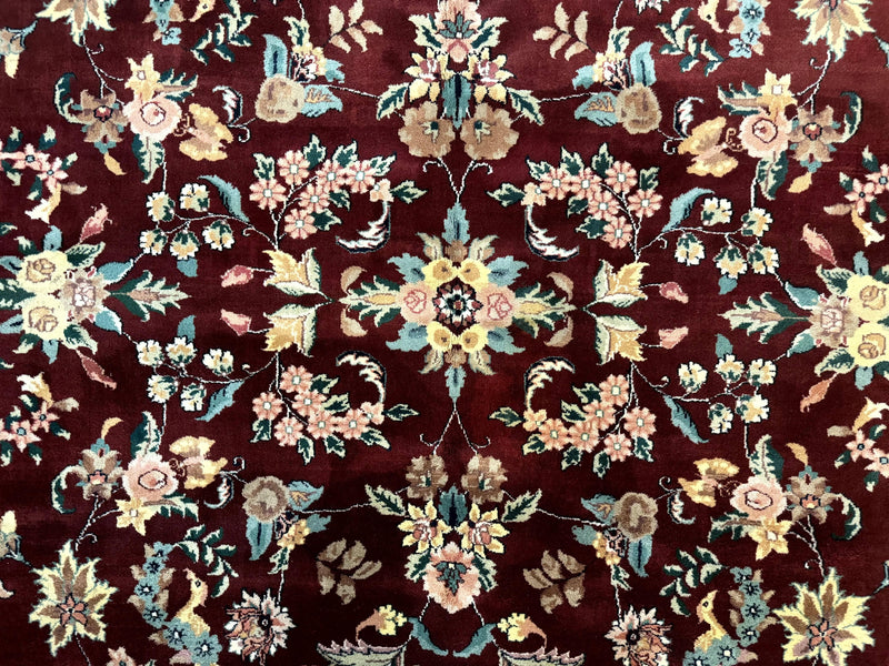Indo Persian Rug 8x10, Floral Allover with Bird Pictorials, Maroon and Navy Blue, Handmade Wool Area Rug by Jewel Rugs