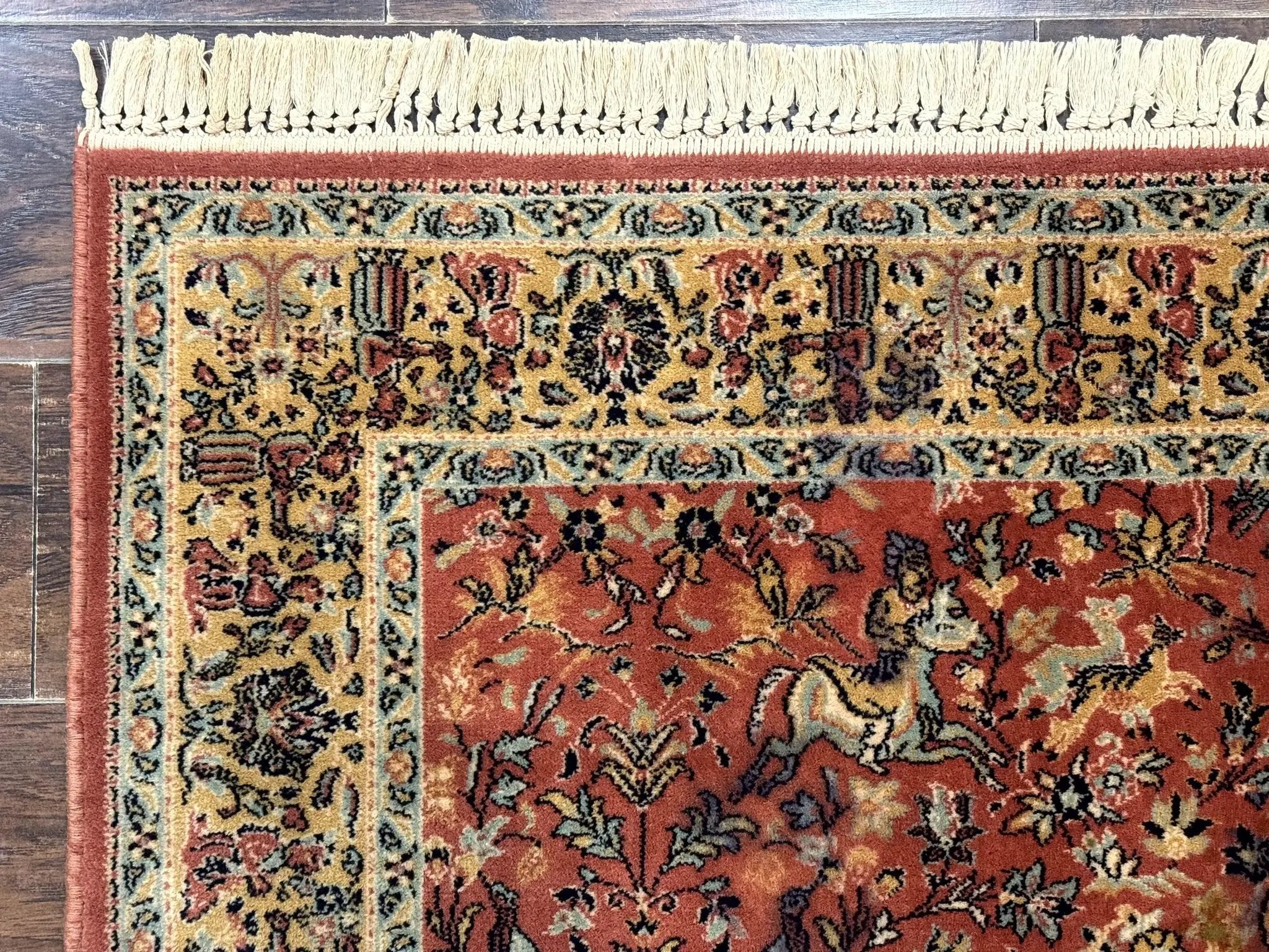 Persian Hunting Design Rug 4.7 x 6.5, Hunting Scene, Red-Orange, Wool, Belgian Power Loomed Carpet by Jewel Rugs