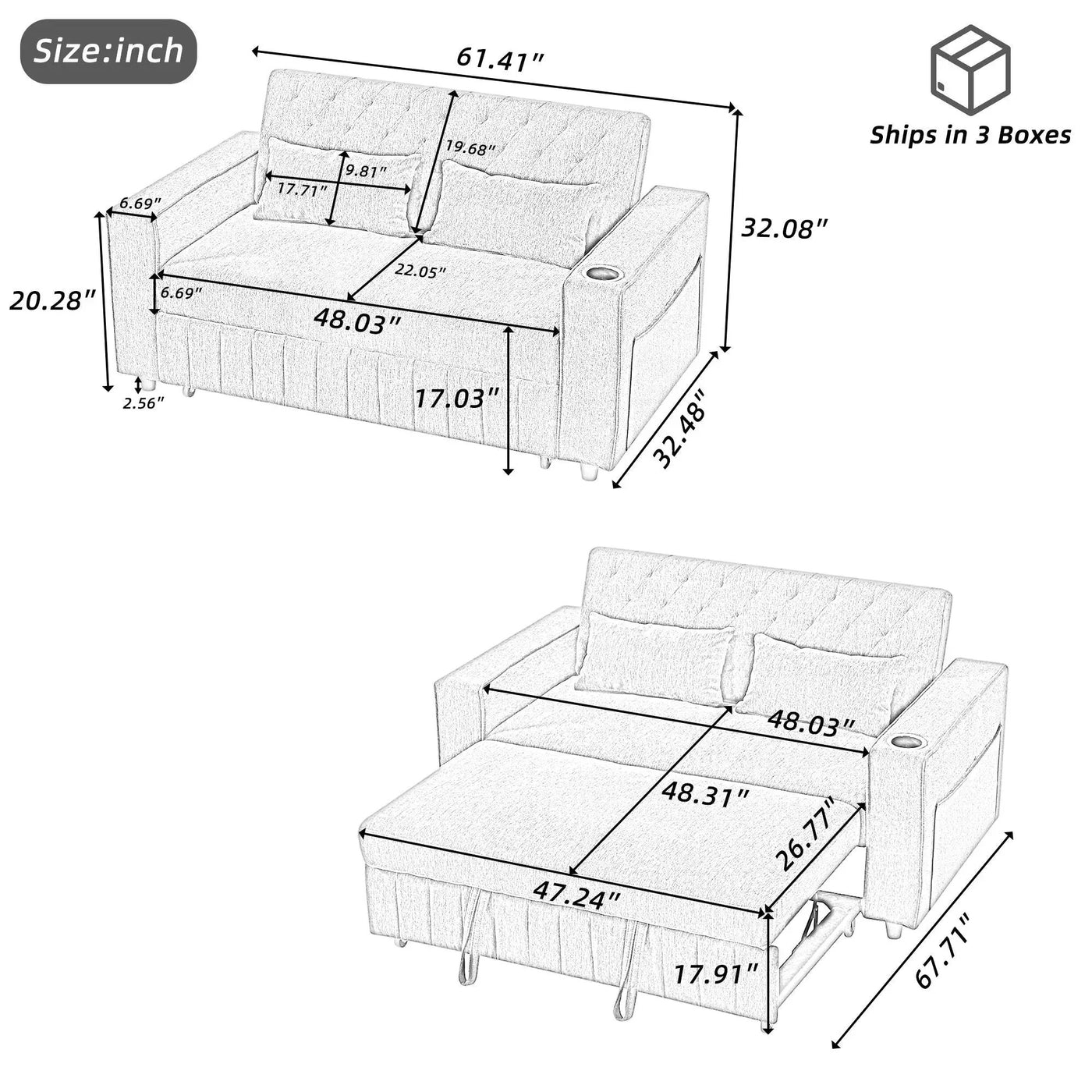 Pull-Out Sofa Bed Convertible Couch With Adjustable Backrest For Living Room by Unique Piece Furniture
