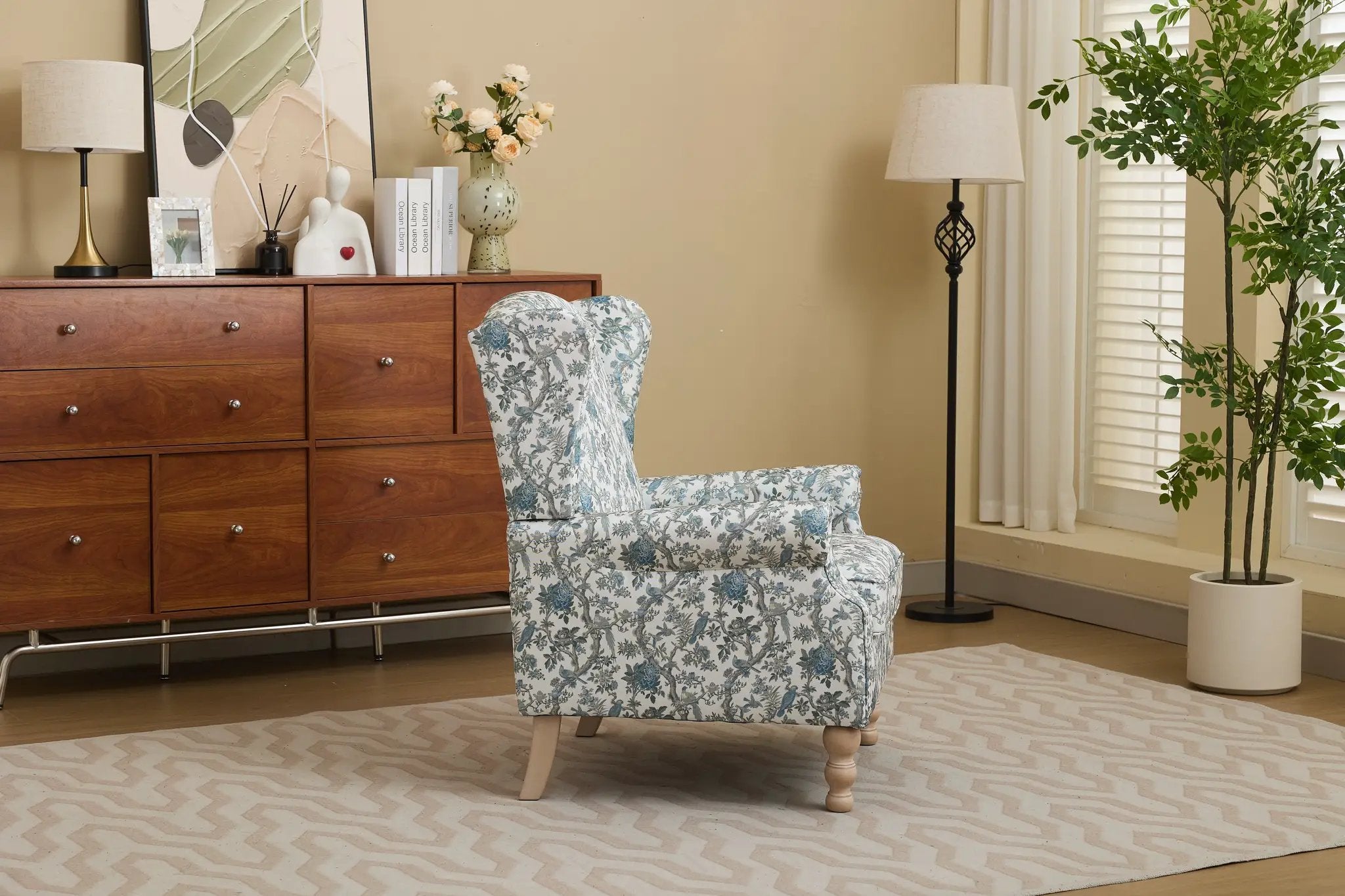 Modern Accent Chair with Retro Wood Legs and Floral Design by HouseOfZazla