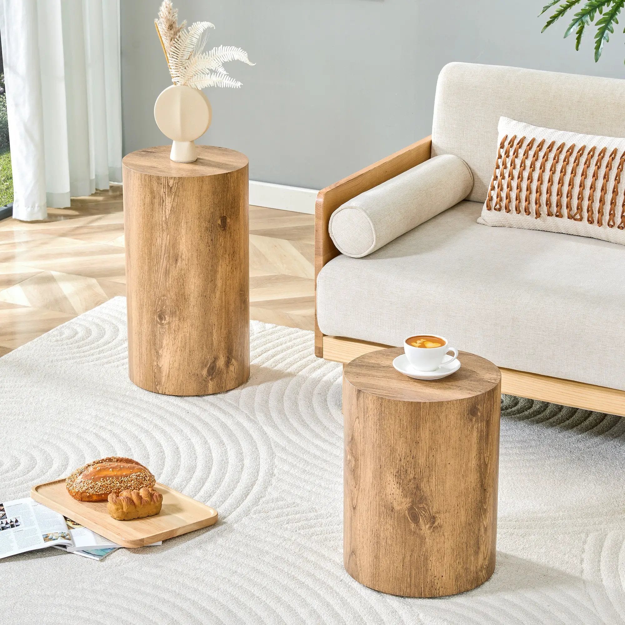 Modern Minimalist Set of Two Wood color Cylinder Coffee Tables by BLAKHOM