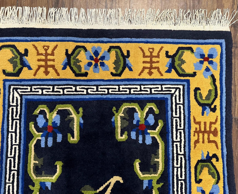 Chinese Art Deco Rug 3 x 5.9, Handmade Chinese Peking Carpet, Dark Blue and Gold, Medallion, Asian Oriental 3x6 Hand Knotted Vintage Rug by Jewel Rugs