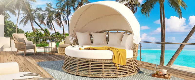 Outdoor Patio Rattan Round Daybed with Retractable Canopy by HouseOfZazla