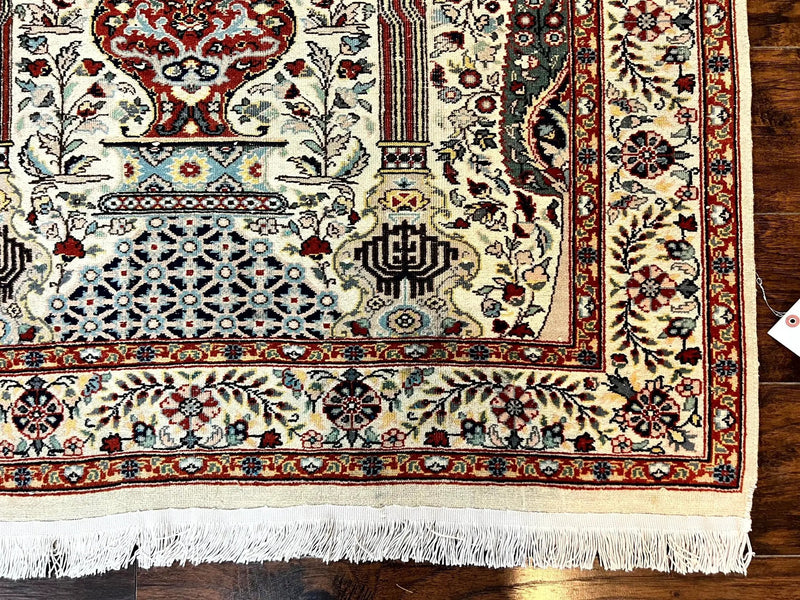 Pak Perisan Prayer Rug 4x6, Tree of LIfe Carpet, Handmade Vintage Wool Rug, Beige, Floral Vases by Jewel Rugs