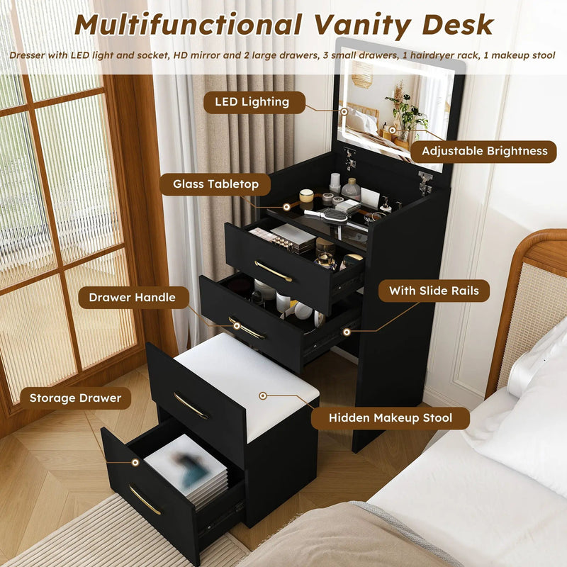 3 In 1 Vanity Desk With Open Top Mirror, Glass Desktop Makeup Set With 3 Drawers, Compact Dressing Table For Bedroom - Black by HouseOfZazla