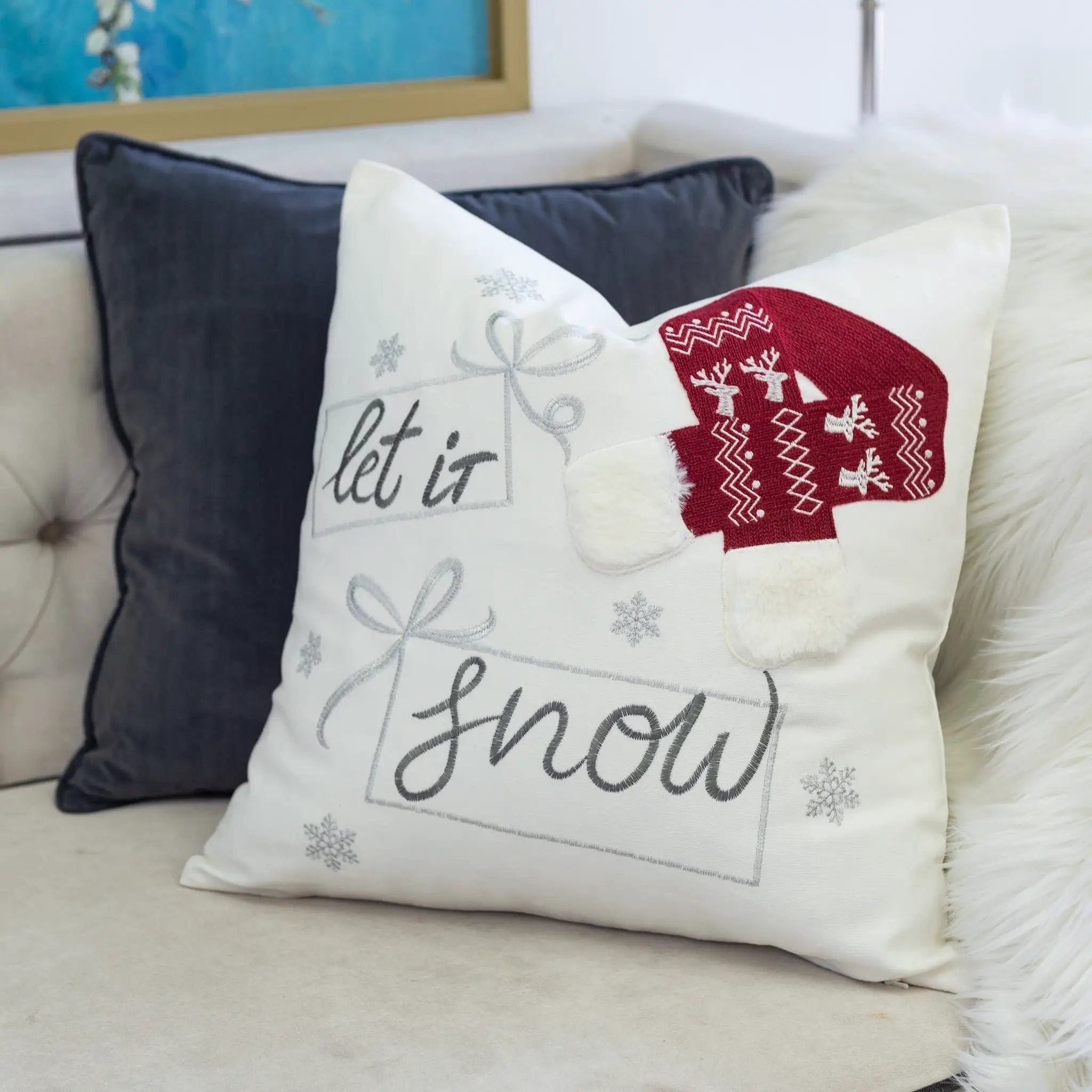 Let It Snow Christmas Throw Pillow 20x20 Cotton Cushion by HouseOfZazla