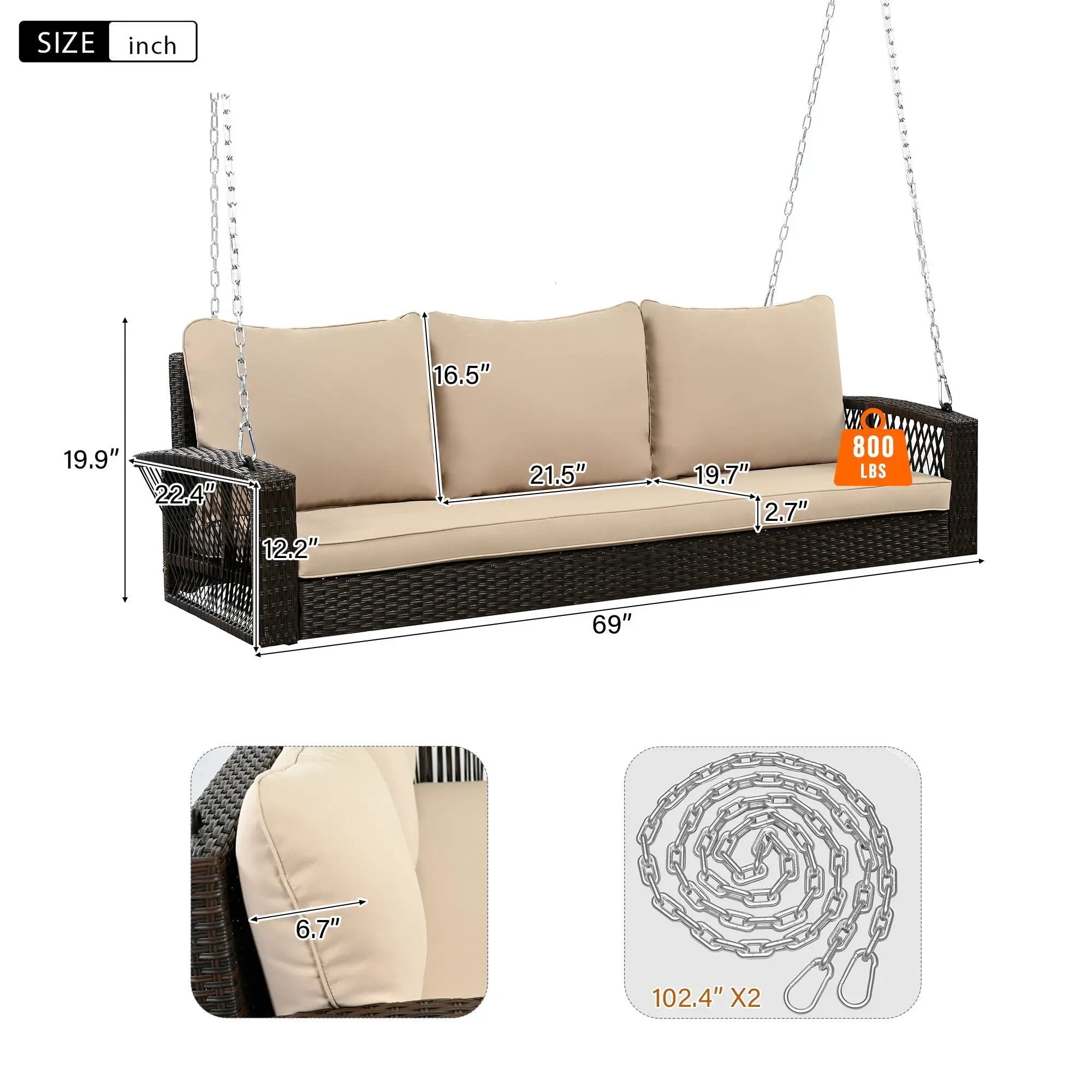 3 Person Large Patio Swing Bench With Cushions For Backyard by Unique Piece Furniture